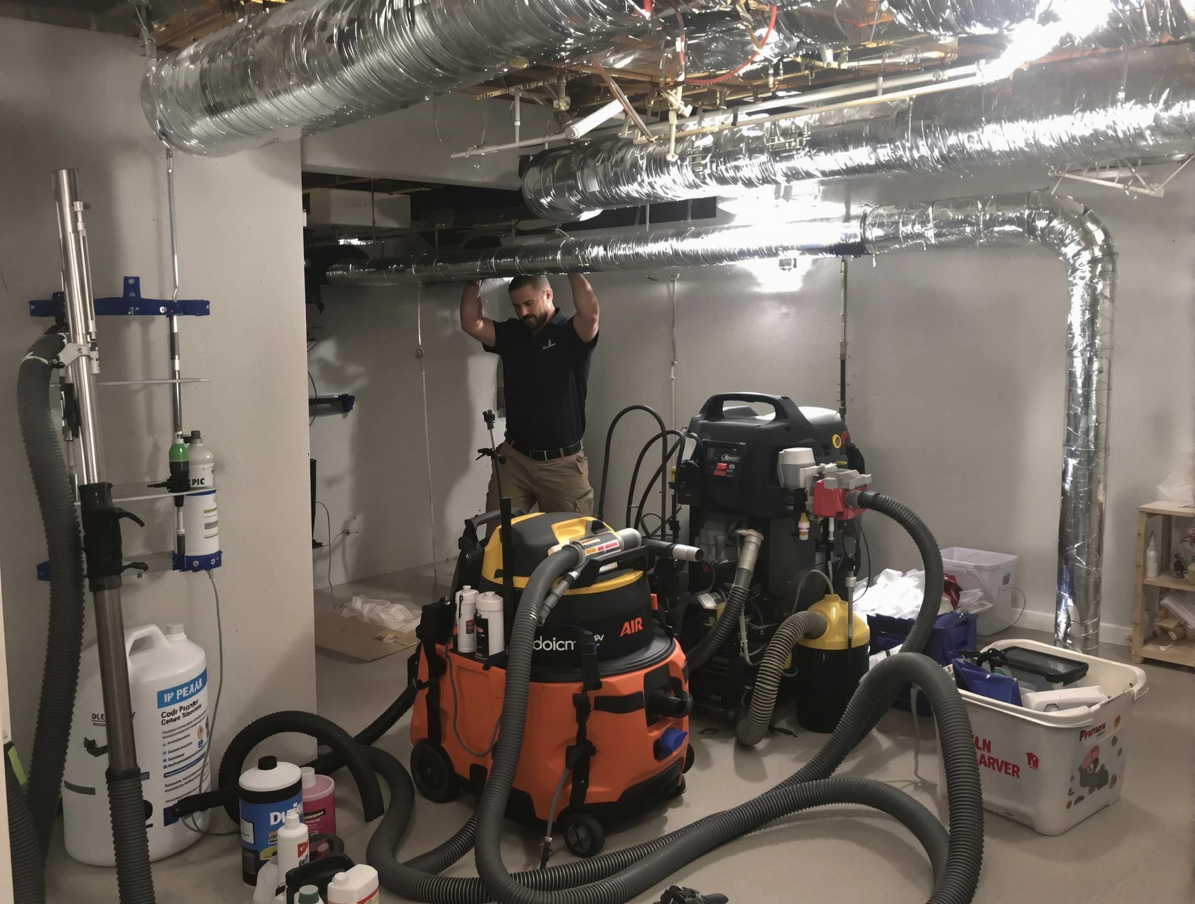 Loveland Air Duct Cleaning specialist performing professional mold removal from air ducts using safety equipment in Loveland